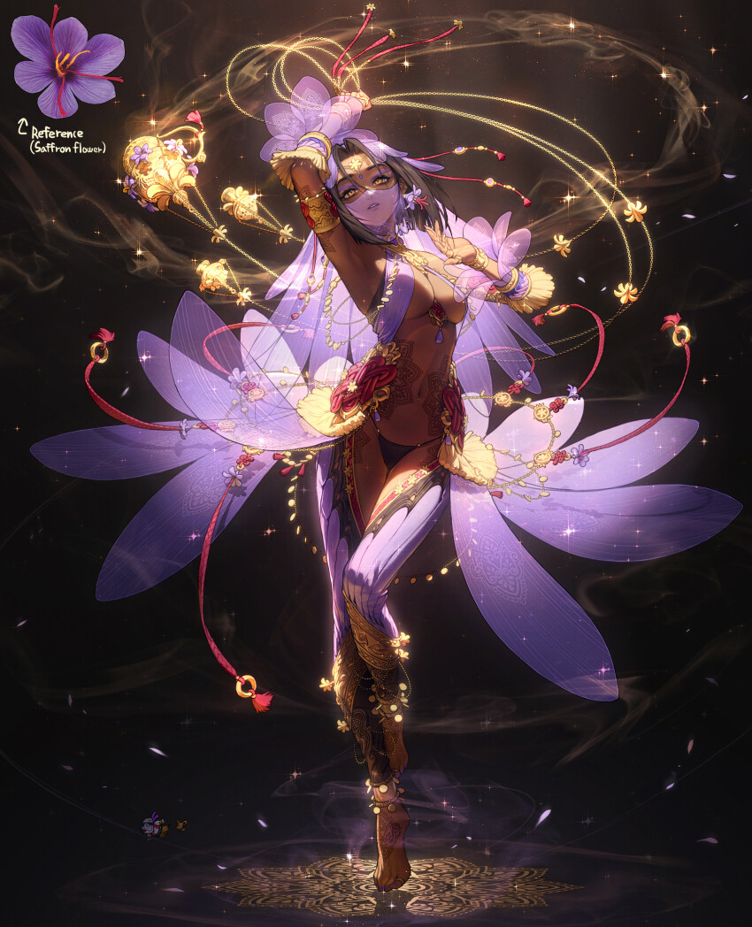 1girl, absurdres, anklet, arabian_clothes, arm_tattoo, arm_up, armlet, armpits