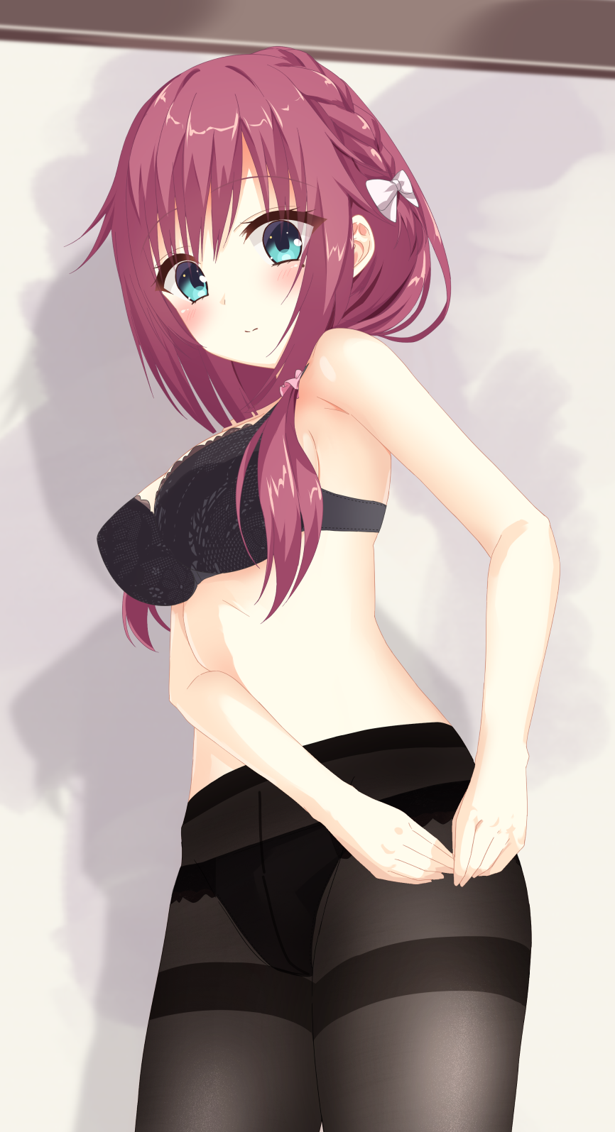 1girl, alternate_costume, aqua_eyes, bare_arms, black_bra, black_panties, black_pantyhose, blush