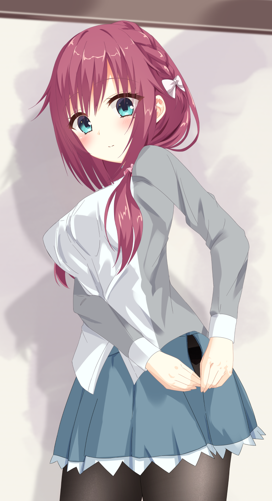 1girl, alternate_costume, aqua_eyes, black_pantyhose, blush, bow, braid, closed_mouth