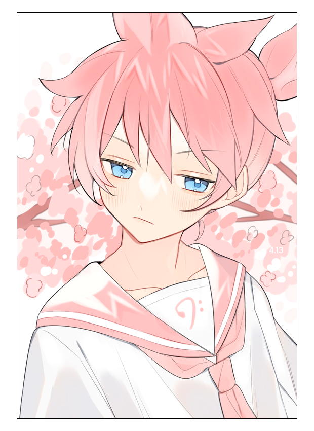 1boy, blue_eyes, blush, border, cherry_blossoms, cookie_galo, kagamine_len, looking_to_the_side