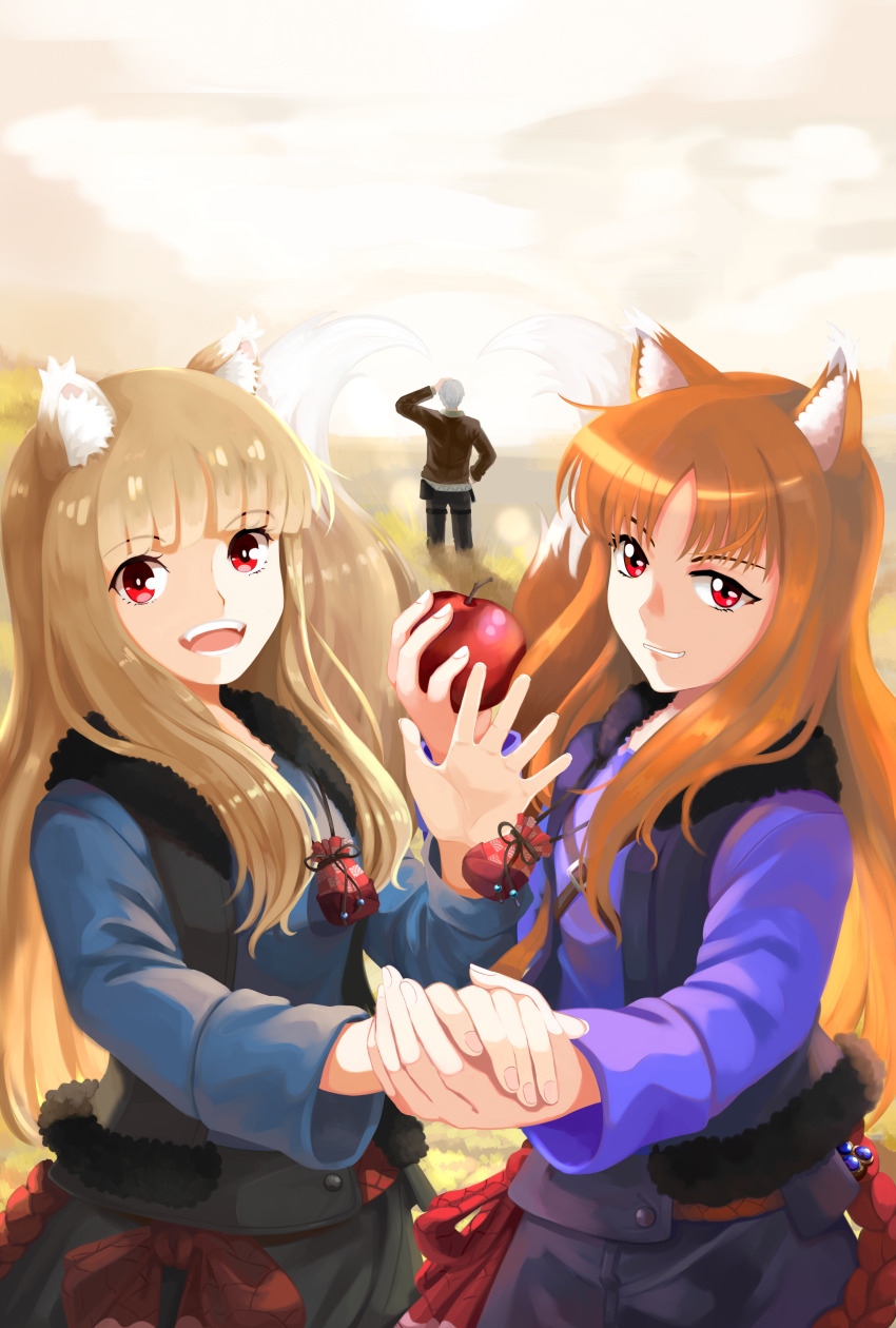 1boy, 2girls, :d, absurdres, animal_ear_fluff, animal_ears, apple, black_skirt, black_vest, blue_shirt, blunt_bangs, bright_pupils, brown_hair, commentary, cowboy_shot, craft_lawrence, day, dual_persona, english_commentary, eyes_visible_through_hair, fangs, fingernails, food, fruit, fur-trimmed_vest, fur_trim, grey_hair, grin, hand_up, happy, highres, holding, holding_food, holding_fruit, holding_hands, holo, jewelry, light_brown_hair, long_hair, long_sleeves, looking_at_viewer, mazarin, multiple_girls, necklace, nose, open_clothes, open_hand, open_mouth, open_vest, outdoors, parted_bangs, shirt, short_hair, sidelocks, skirt, smile, smug, solo_focus, spice_and_wolf, standing, straight_hair, tail, tail_raised, teeth, tsurime, v-shaped_eyebrows, very_long_hair, vest, waving, white_pupils, wolf_ears, wolf_girl, wolf_tail