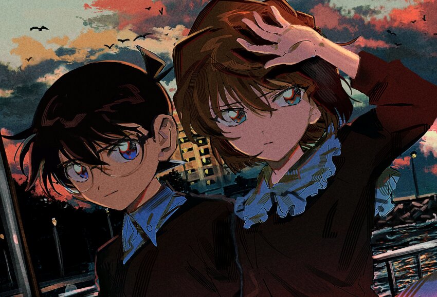 1boy, 1girl, animal, bird, black-framed_eyewear, black_hair, blue_eyes, brown_dress