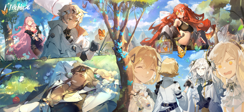 3boys, 3girls, @_@, ^_^, ahoge, alchemy_stars, animal, asymmetrical_sleeves