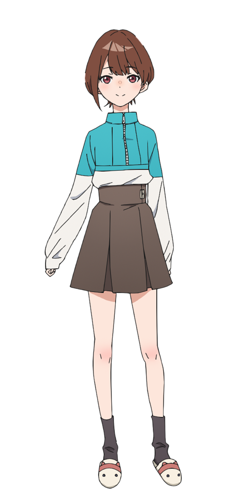 1girl, animal_slippers, black_socks, blue_shirt, blush, body_blush, brown_eyes, brown_hair, brown_skirt, highres, kouzuki_kaho, looking_at_viewer, official_art, shirt, short_hair, simple_background, single_sidelock, skirt, slippers, smile, socks, solo, tachi-e, transparent_background, turtleneck, white_shirt, white_slippers, yoru_no_kurage_wa_oyogenai, zipper, zipper_pull_tab