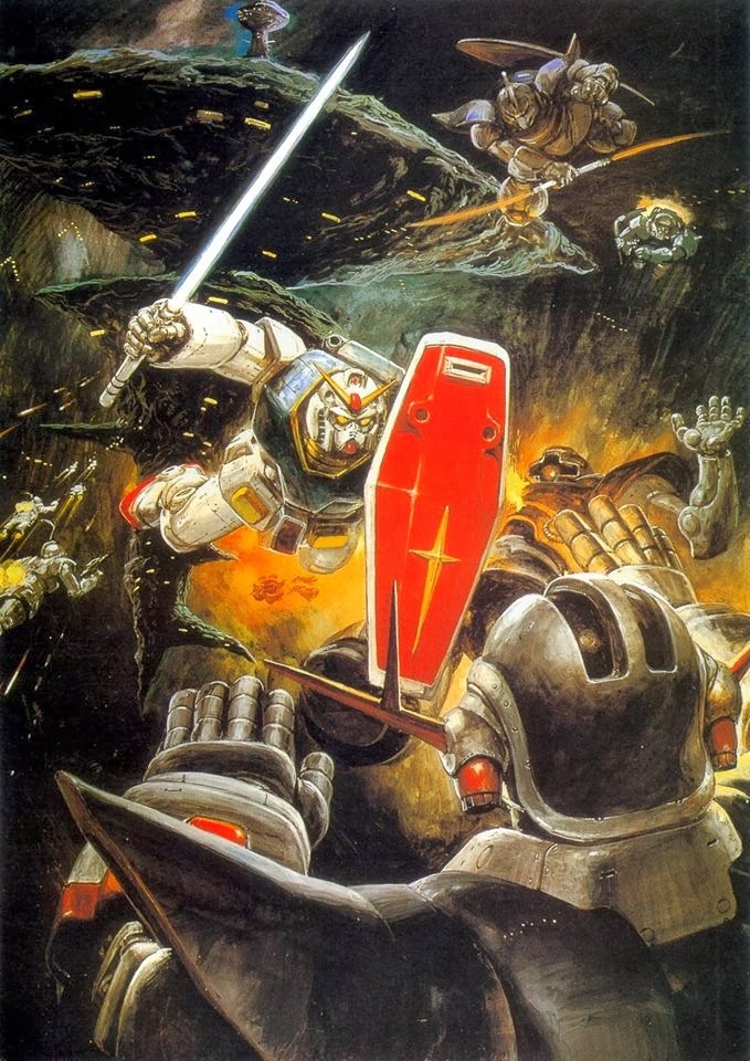 1980s_(style), a_baoa_qu, asteroid, battle, energy_sword, gelgoog, gogg, gundam, mecha, mobile_suit, mobile_suit_gundam, no_humans, oldschool, realistic, retro_artstyle, robot, rx-78-2_gundam, science_fiction, shield, space, takani_yoshiyuki, zeong