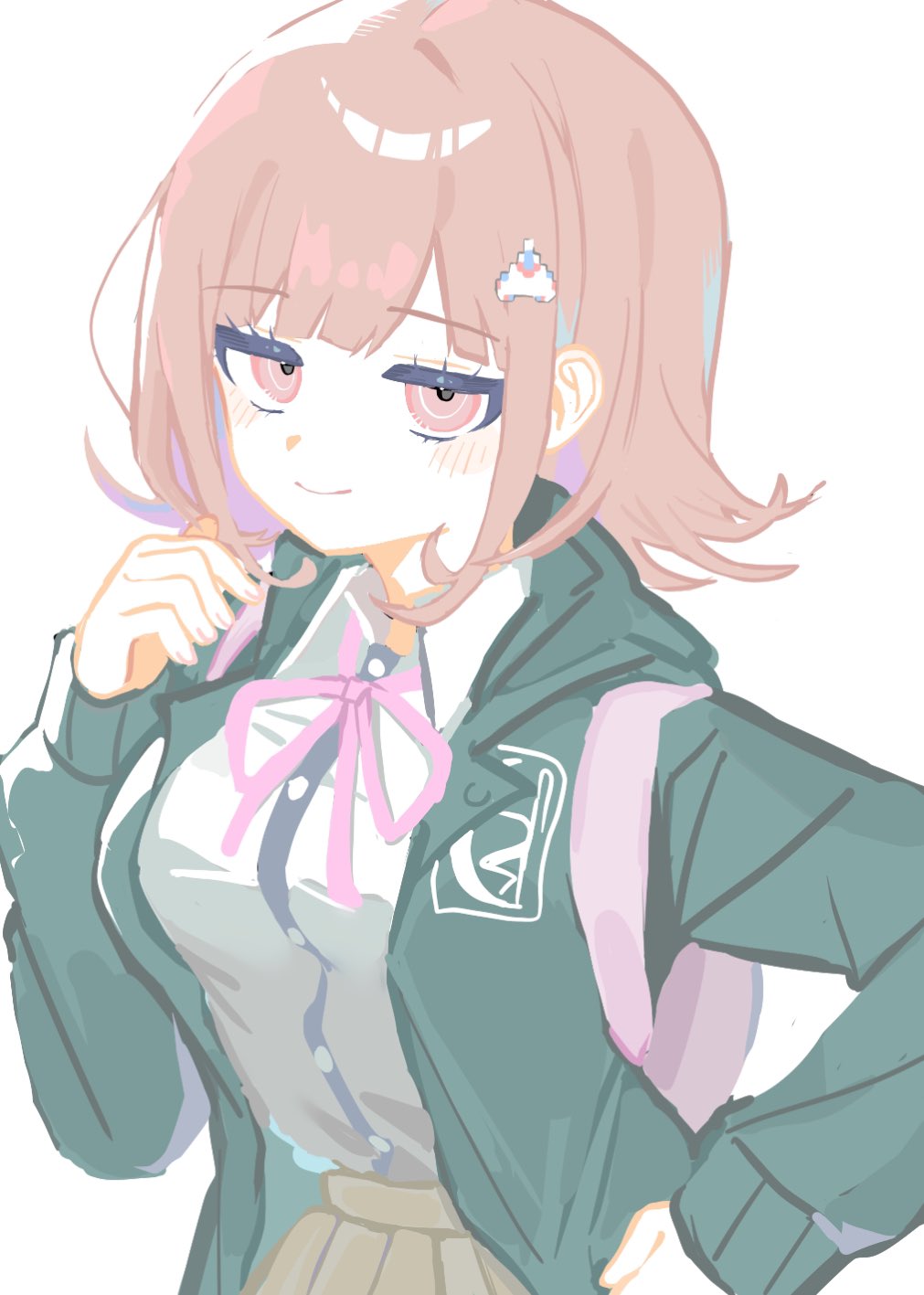 1girl, backpack, bag, banananoyabatan, blush, breasts, brown_hair, brown_skirt, collared_shirt, danganronpa_(series), danganronpa_2:_goodbye_despair, flipped_hair, green_jacket, hair_ornament, highres, hood, jacket, long_sleeves, looking_at_viewer, medium_hair, nanami_chiaki, neck_ribbon, open_clothes, open_jacket, pink_eyes, pink_ribbon, ribbon, shirt, skirt, smile, smug, solo, two-tone_shirt, white_shirt
