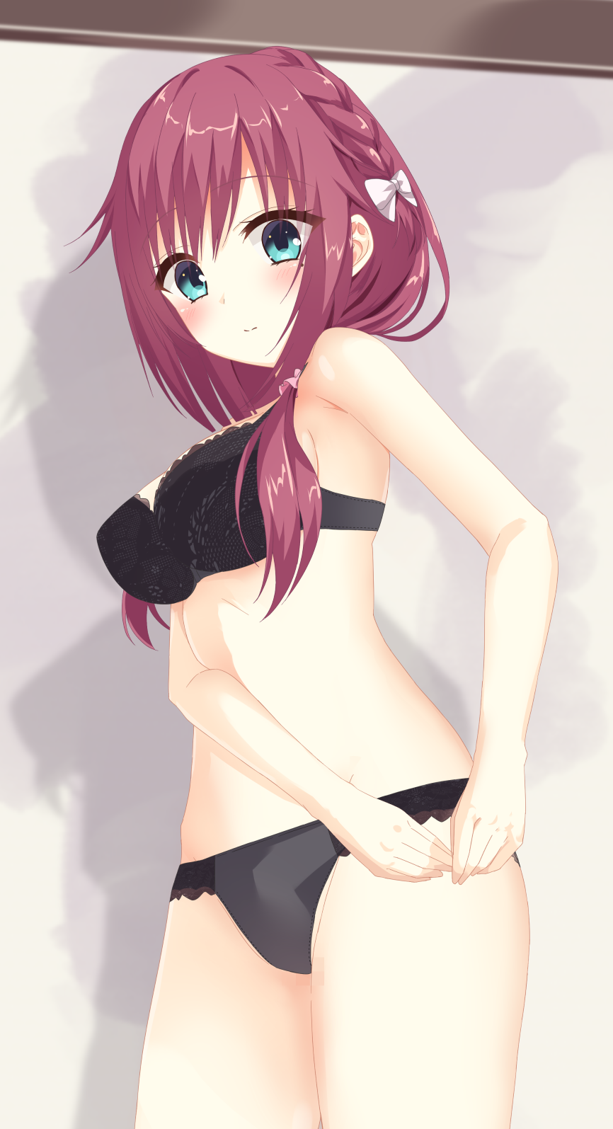 1girl, alternate_costume, aqua_eyes, bare_arms, black_bra, black_panties, blush, bow