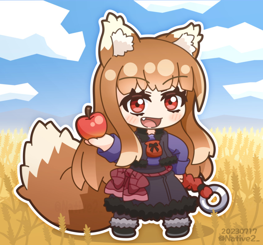 1girl, 2023, :d, animal_ear_fluff, animal_ears, apple, artist_name, black_skirt, black_vest, blue_shirt, blunt_bangs, blush_stickers, bow, brown_hair, chibi, colored_eyelashes, commentary_request, dated, day, food, fruit, fur-trimmed_skirt, fur-trimmed_vest, fur_trim, hand_on_own_hip, hand_up, happy, holding, holding_food, holding_fruit, holo, long_hair, long_sleeves, looking_at_viewer, native2_, open_clothes, open_mouth, open_vest, outdoors, red_bow, red_eyes, shirt, sidelocks, skirt, smile, solo, spice_and_wolf, standing, tail, twitter_username, vest, wheat_field, wolf_ears, wolf_girl, wolf_tail