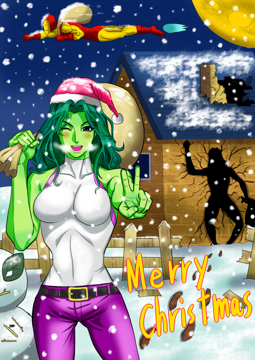 armor, belt, blush, breath, christmas, colored_skin, green_hair, green_skin