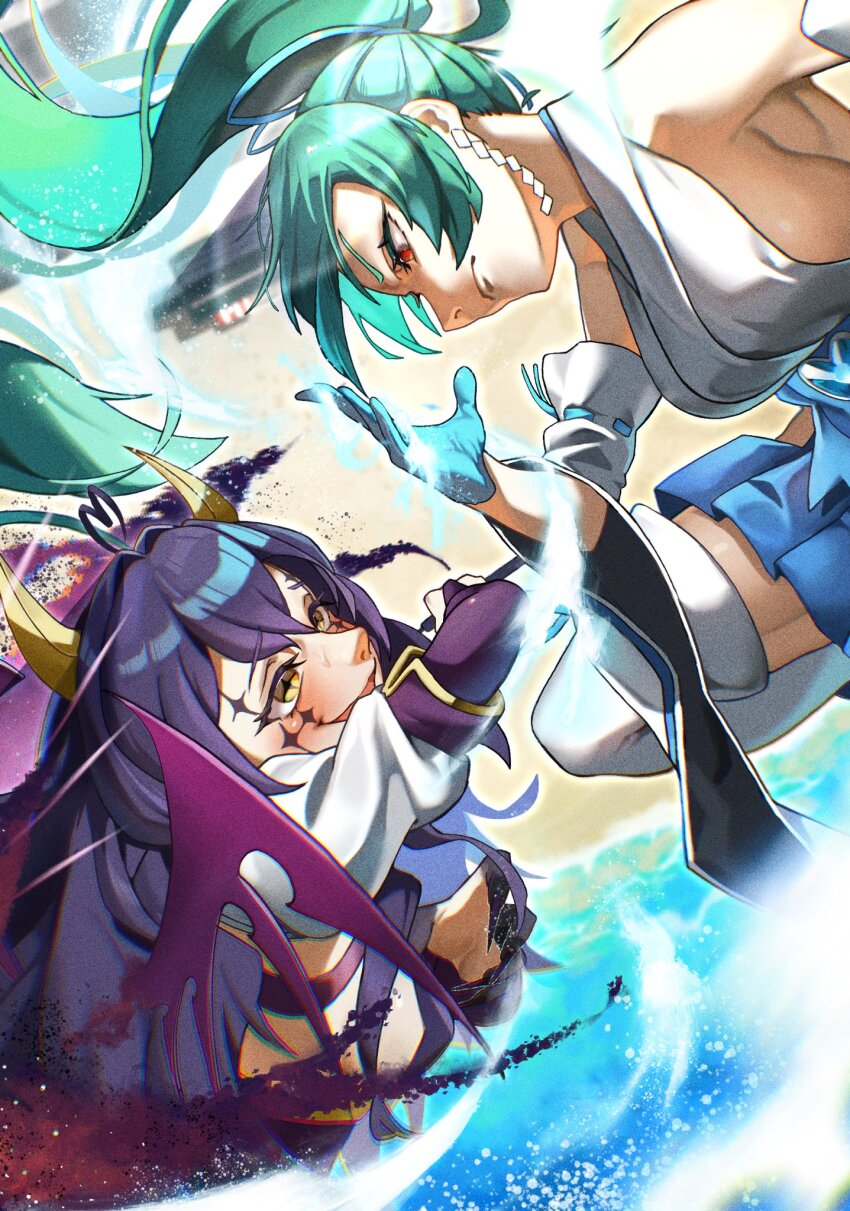 2girls, ahoge, alternate_hair_length, alternate_hairstyle, bat_brooch, black_hair, blue_hair, blush