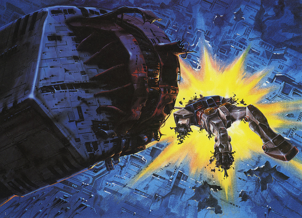 1980s_(style), a_baoa_qu, concept_art, damaged, debris, destruction, dirty, explosion, gundam, headless, key_visual, mecha, mobile_suit, mobile_suit_gundam, no_humans, official_art, oldschool, ookawara_kunio, production_art, promotional_art, retro_artstyle, robot, rx-78-2_gundam, scan, severed_limb, space, space_station, spoilers, traditional_media, window, wreckage