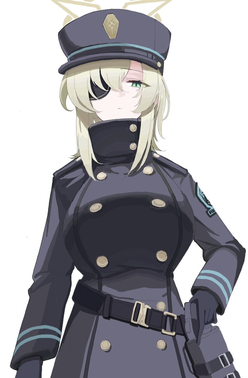 1girl, arimas_ar1, belt, black_coat, black_hat, blue_archive, brown_halo, buttons