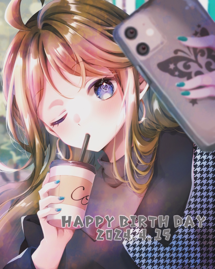 1girl, ahoge, birthday, blue_eyes, blue_nails, blurry, blurry_background, blush, brown_hair, cellphone, checkered_clothes, coffee, commentary_request, cup, dated, disposable_coffee_cup, disposable_cup, drink, drinking, drinking_straw, drinking_straw_in_mouth, earrings, english_text, eyelashes, green_nails, grey_sweater, happy_birthday, head_tilt, high_collar, highres, holding, holding_cup, holding_phone, hoop_earrings, idolmaster, idolmaster_million_live!, jewelry, kori_(spinsongs), long_hair, long_sleeves, nail_polish, off_shoulder, phone, selfie, single_off_shoulder, smartphone, solo, sparkle, sparkling_eyes, straight_hair, sweater, swept_bangs, tokoro_megumi, turtleneck, turtleneck_sweater, upper_body