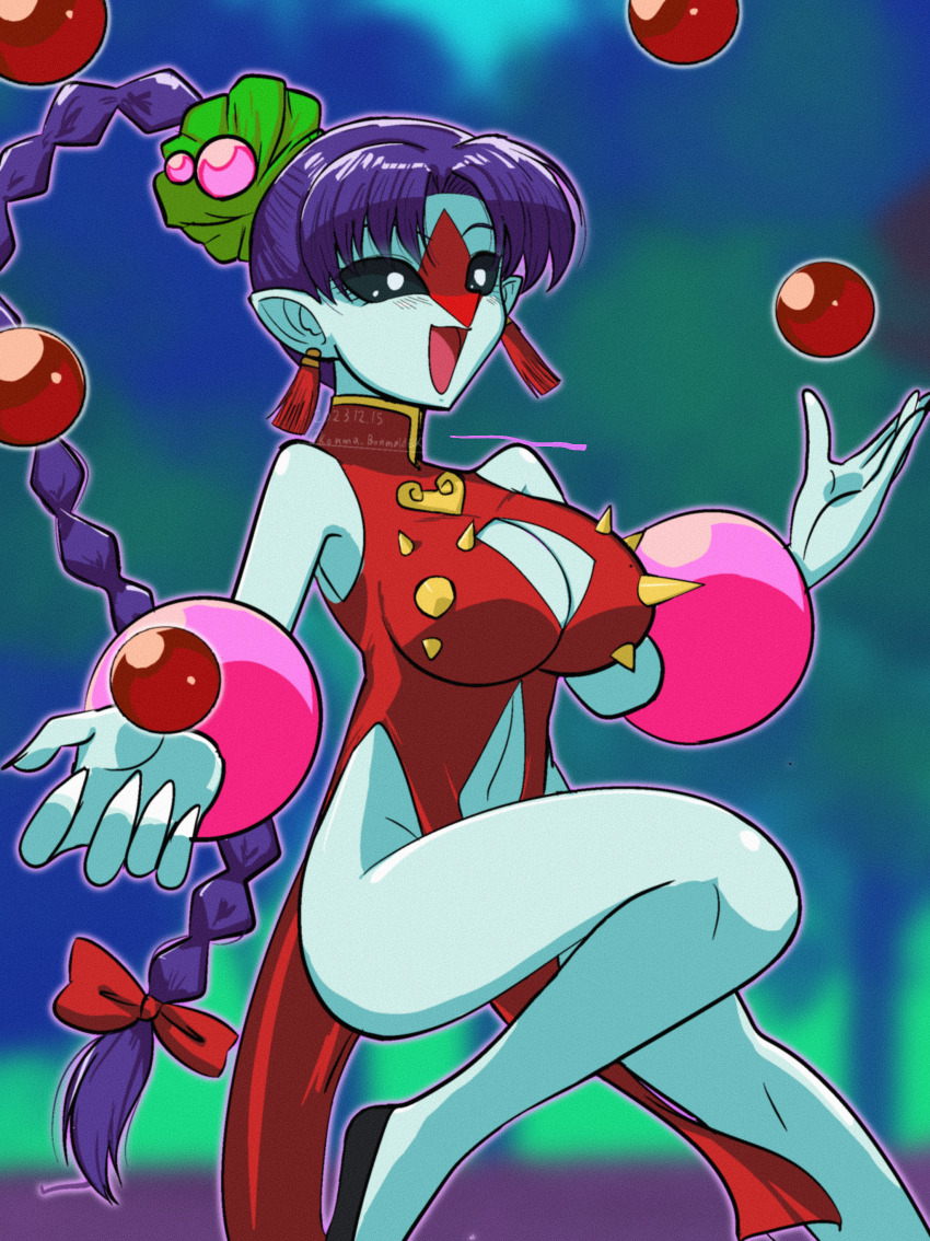 1girl, absurdres, ass, bare_legs, bare_shoulders, bishoujo_senshi_sailor_moon, bishoujo_senshi_sailor_moon_supers, braid, china_dress, chinese_clothes, cleavage_cutout, clothing_cutout, colored_skin, crazy_smile, dress, earrings, high_ponytail, highres, jewelry, juggling, jumping, kouma_bonmaid, lemures_(sailor_moon), navel, navel_cutout, open_mouth, otedamako, pointy_ears, ponytail, purple_hair, red_dress, red_ribbon, ribbon, shiny_skin, short_dress, signature, single_braid, smile, solo, wide_hips