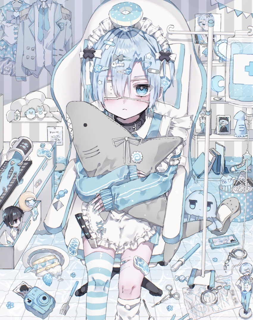 1boy, absurdly_detailed_composition, aegyo_sal, animal_collar, apron, bandaid, bandaid_hair_ornament, bandaid_on_leg, blue_eyes, blue_theme, blue_track_suit, bow, cake, cake_slice, collar, decora, donut, extra_eyes, eyepatch, food, frilled_apron, frills, hair_bow, hair_ornament, highres, hiro_0607, hugging_object, jacket, jersey_maid, knife, leg_warmers, loaded_interior, long_sleeves, looking_at_viewer, maid, maid_apron, maid_headdress, messy_room, multiple_hair_bows, original, scissors, short_hair, sitting, sleeves_past_fingers, sleeves_past_wrists, solo, stab, star_(symbol), striped_clothes, striped_thighhighs, stuffed_animal, stuffed_toy, symbol-shaped_pupils, tenshi_kaiwai, thighhighs, track_jacket, track_suit, trap, turtleneck, turtleneck_jacket, unconventional_maid, waist_apron, white_apron, white_leg_warmers