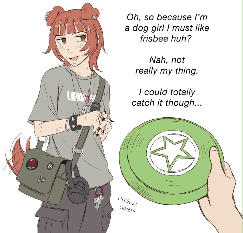 1girl, 1other, absurdres, animal_ear_piercing, artist_name, bag, black_nails, black_pants