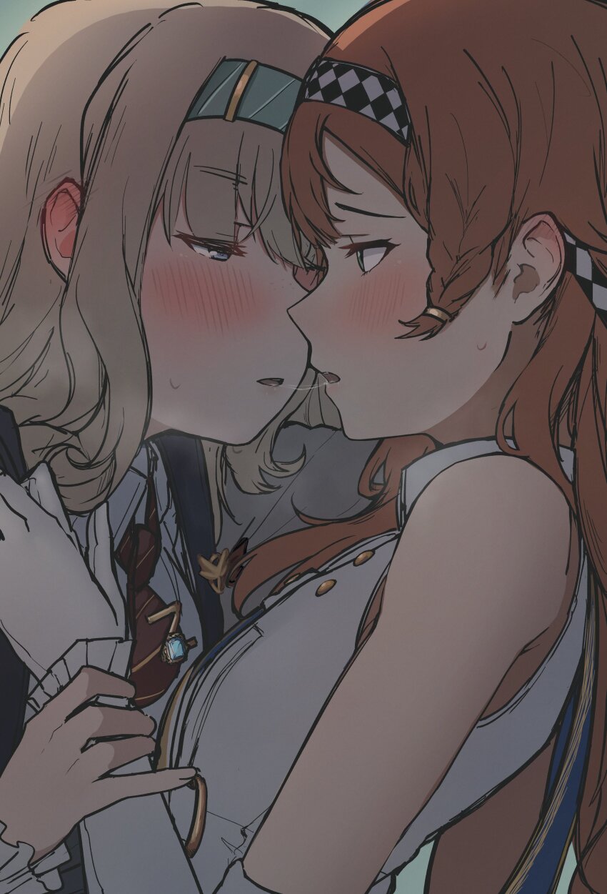 2girls, absurdres, after_kiss, blonde_hair, blue_eyes, blue_hairband, blush, bow, bowtie, braid, checkered_hairband, commentary, dress, gloves, hairband, half-closed_eyes, hand_on_another's_wrist, hashtag-only_commentary, highres, long_hair, m1saki_1, matilda_bouanich, multiple_girls, orange_hair, red_bow, red_bowtie, reverse:1999, saliva, saliva_trail, side_braid, sleeveless, sleeveless_dress, sonetto_(parade_anthem)_(reverse:1999), sonetto_(reverse:1999), sweat, upper_body, white_gloves, yuri