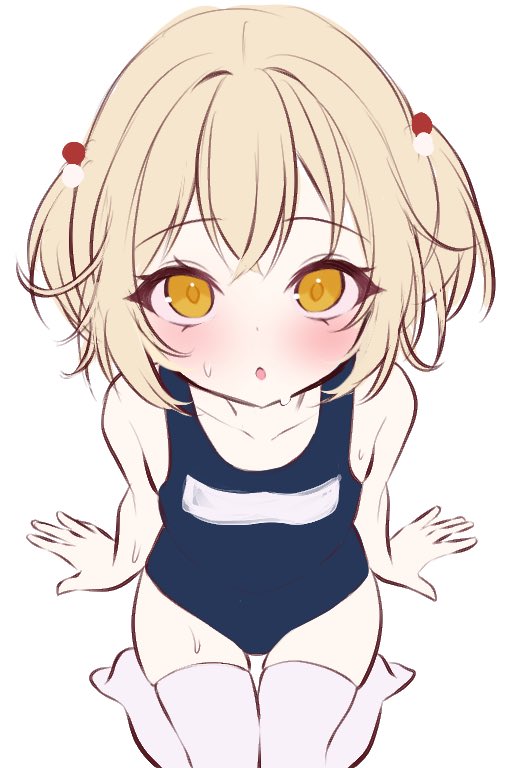 1girl, bare_shoulders, blonde_hair, blue_one-piece_swimsuit, collarbone, flat_chest, from_above, genmai_komeko, goddess_of_victory:_nikke, liter_(guardfish)_(nikke), liter_(nikke), looking_at_viewer, one-piece_swimsuit, short_hair, short_twintails, sitting, solo, sweat, swimsuit, thighhighs, twintails, white_thighhighs, yellow_eyes