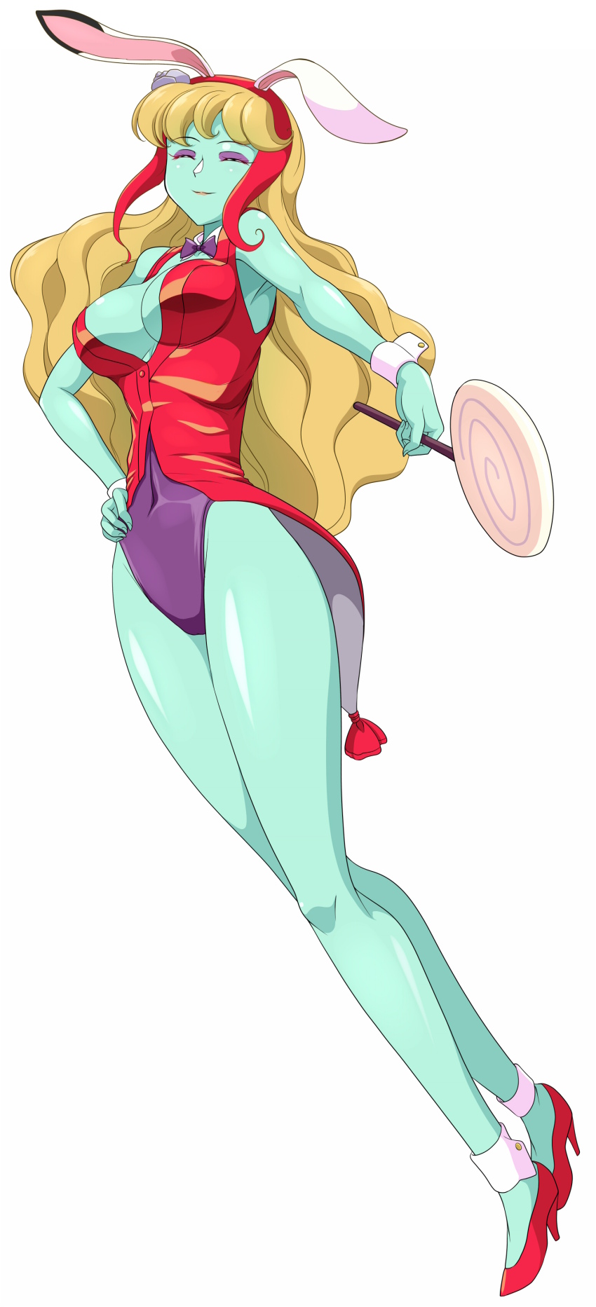 1girl, absurdres, animal_ears, asaricurry, bare_legs, bare_shoulders, bishoujo_senshi_sailor_moon, bishoujo_senshi_sailor_moon_supers, blonde_hair, breasts, candy_girl, cleavage, closed_eyes, colored_skin, covered_navel, curvy, demon_girl, detached_collar, eyelashes, fake_animal_ears, green_skin, highleg, highleg_leotard, highres, large_breasts, legs_together, lemures_(sailor_moon), leotard, long_hair, monster_girl, peropero_(sailor_moon), playboy_bunny, purple_leotard, rabbit_ears, red_vest, revealing_clothes, slime_girl, smile, very_long_hair, vest, wavy_hair, white_background, white_wrist_cuffs, wrist_cuffs