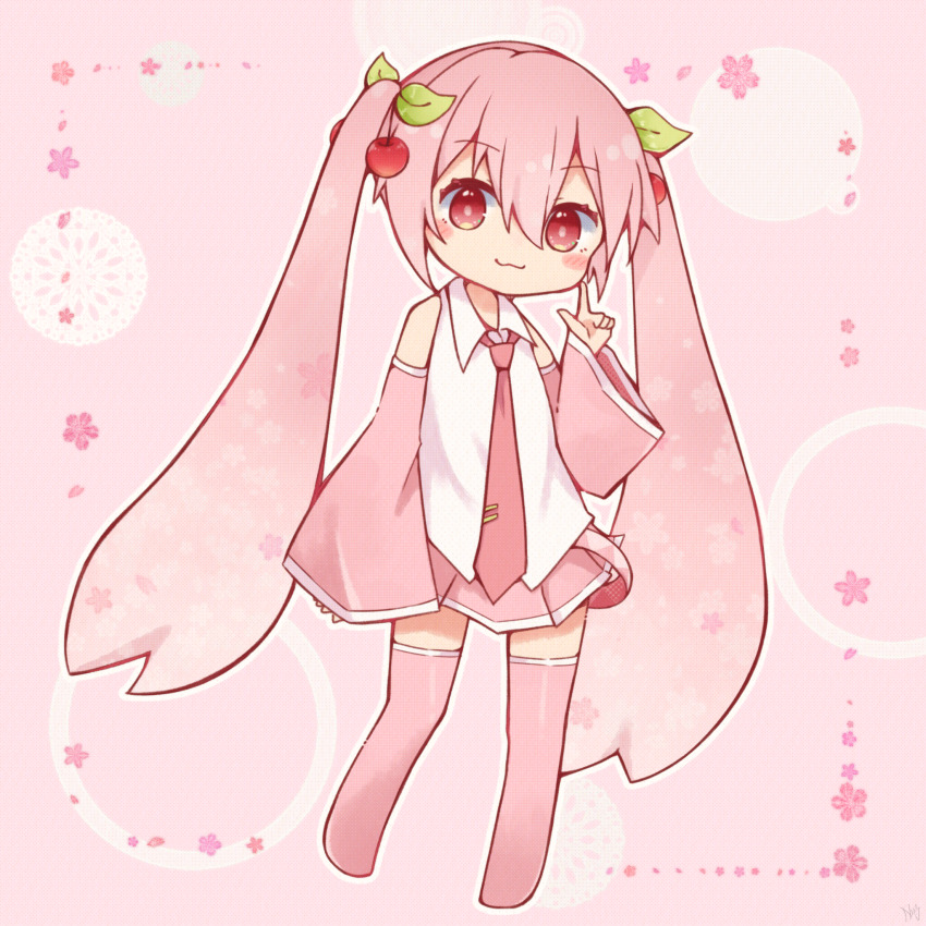 1girl, :3, blush_stickers, boots, cherry_hair_ornament, collared_shirt, detached_sleeves, food-themed_hair_ornament