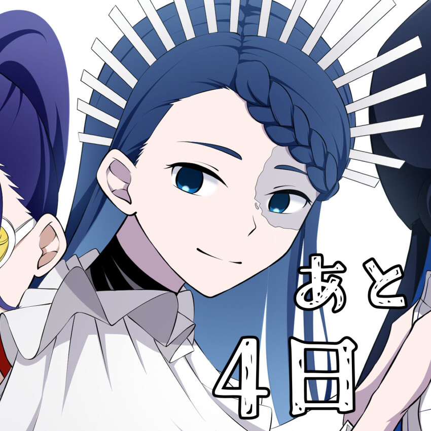 3girls, ado_(utaite), blue_eyes, blue_hair, braid, braided_bangs, cloud_nine_inc, commentary_request