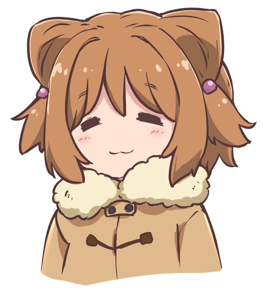 1girl, :3, animal_ears, brown_coat, brown_hair, closed_eyes, coat, commentary
