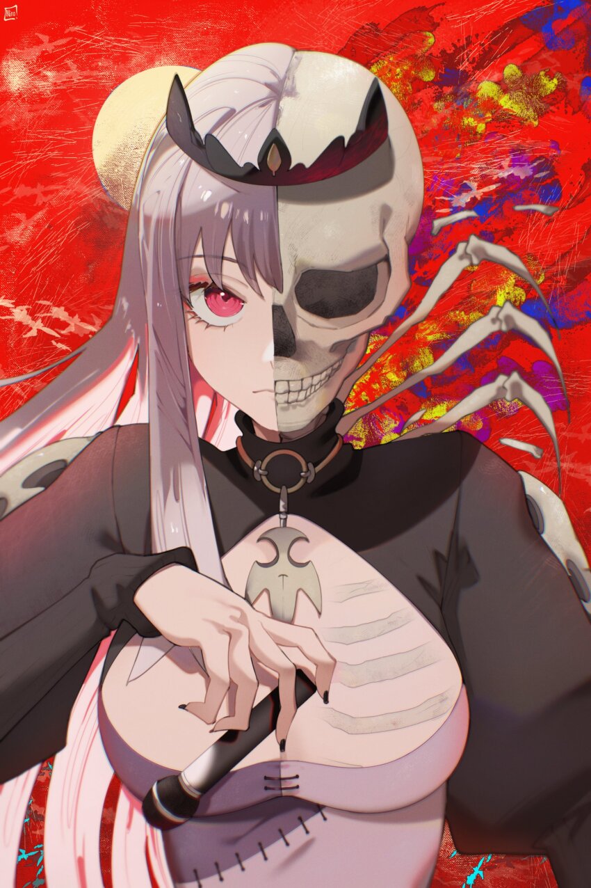 1girl, absurdres, asymmetrical_hair, black_nails, breasts, cleavage_cutout, clothing_cutout, eyelashes