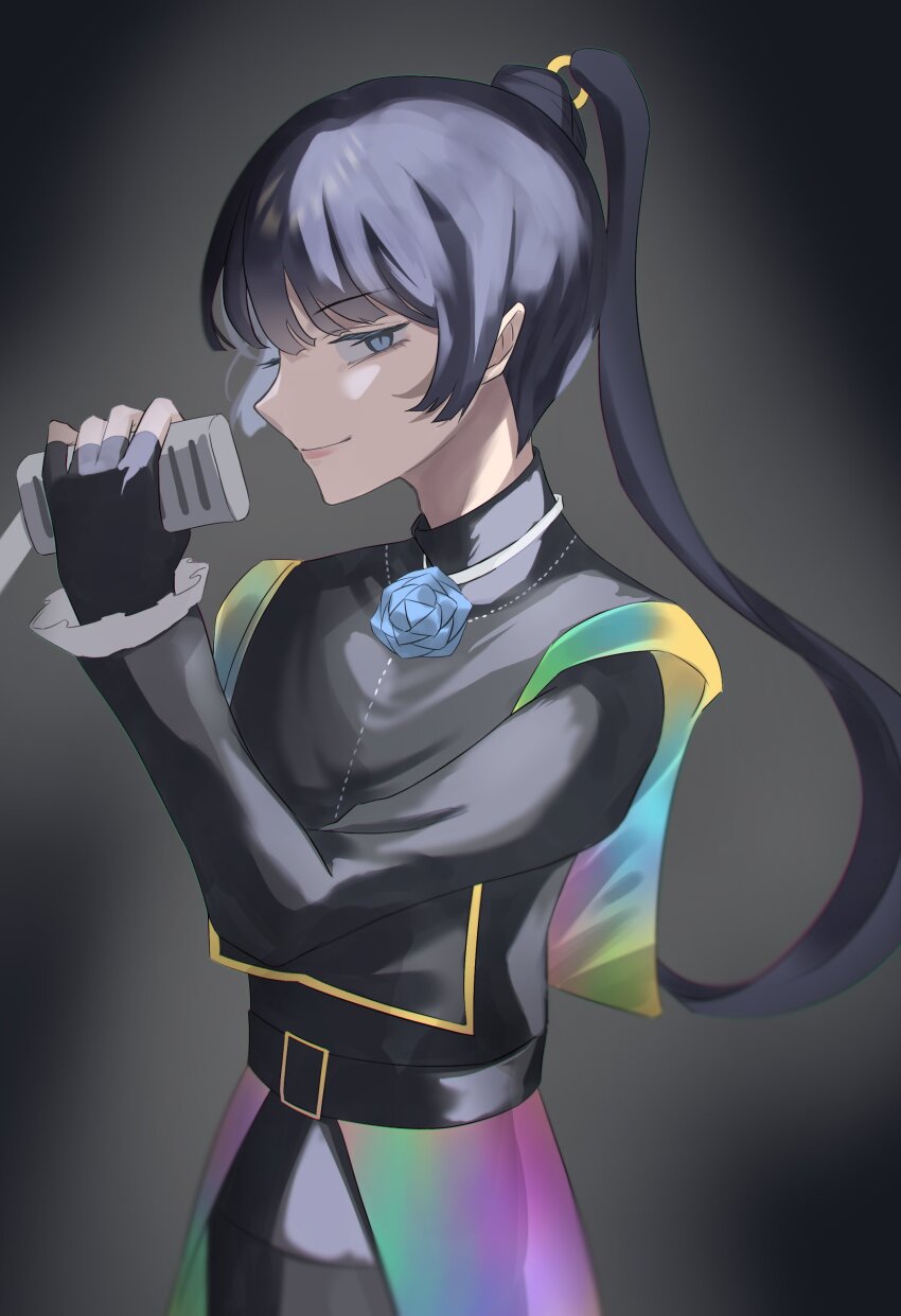 1girl, absurdres, ado_(utaite), black_gloves, black_hair, black_shirt, blue_eyes, blue_flower