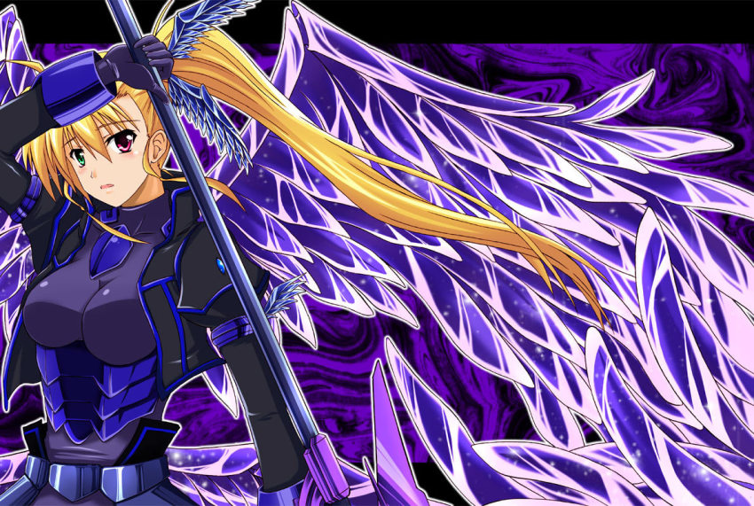 00s, 1girl, aged_up, bad_id, bad_pixiv_id, black_wings, blonde_hair, blush