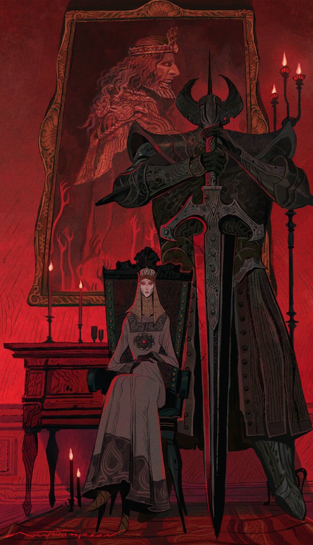 1boy, 1girl, ami_thompson, armor, beard, breastplate, candlestand, covered_face, crown, dress, elden_ring, facial_hair, fake_horns, fantasy, full_armor, giant, giant_male, gloves, gold_crown, helm, helmet, holding, holding_sword, holding_weapon, horned_helmet, horns, jeweled_crown, jewelry, knight, lady_tanith_(elden_ring), leather, leather_gloves, long_hair, looking_at_viewer, mask, on_throne, ornate_clothes, pauldrons, plate_armor, portrait, praetor_rykard, red_eyes, red_theme, robe, shoulder_armor, sitting, sword, tanith's_knight, throne, weapon, white_dress, white_mask