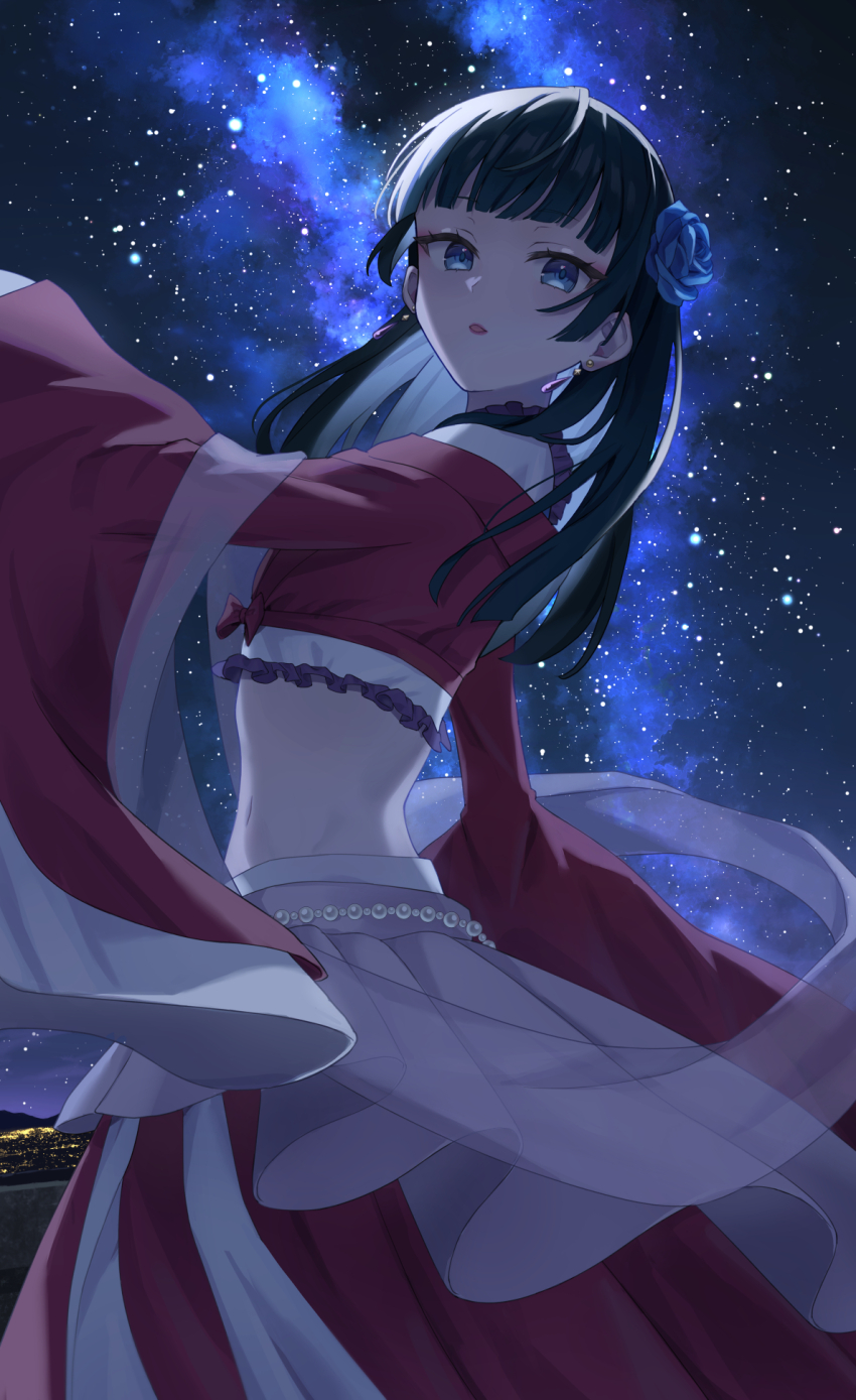 1girl, arm_up, bead_belt, blue_eyes, blue_flower, blunt_bangs, chinese_clothes, commentary_request