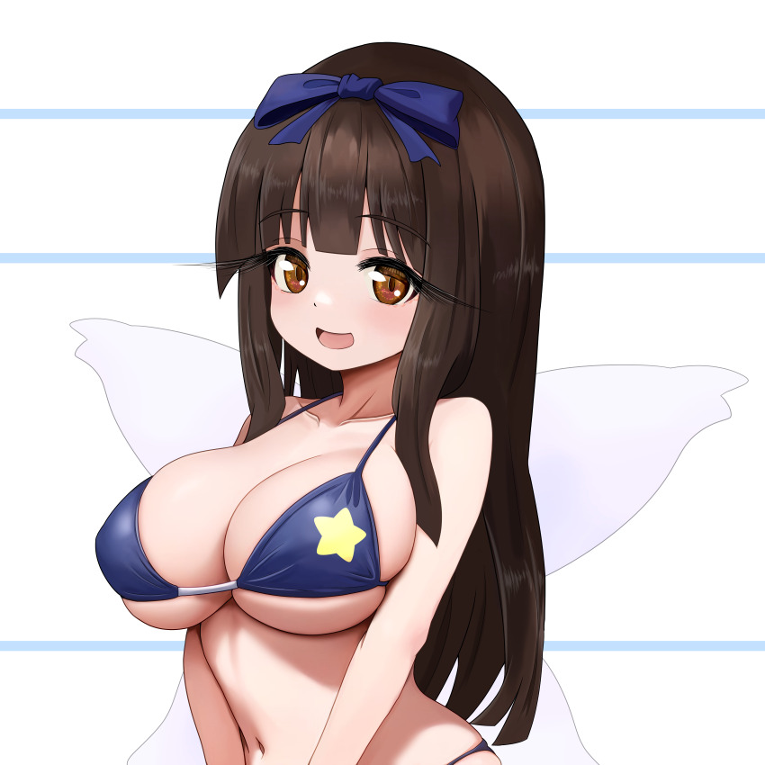 1girl, absurdres, alternate_breast_size, bikini, breasts, brown_eyes, brown_hair, collarbone