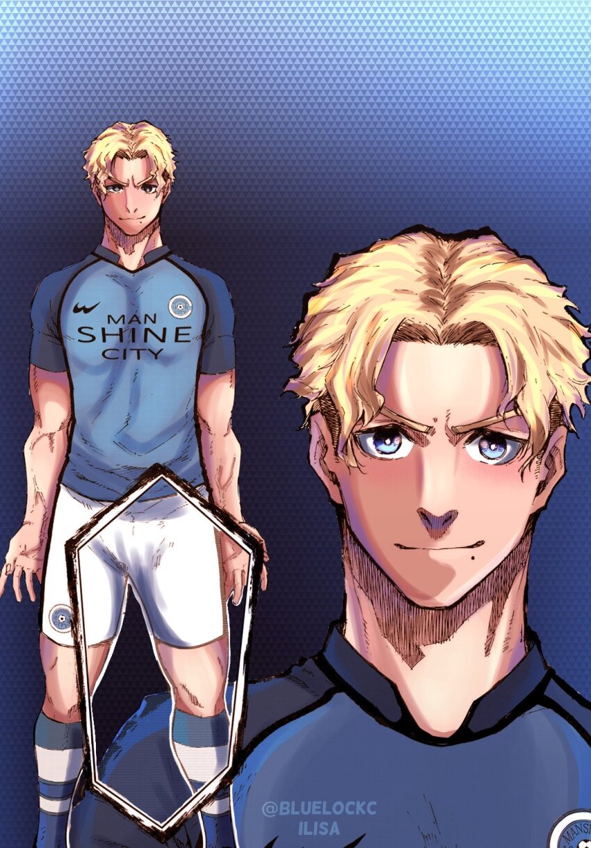 1boy, blonde_hair, blue_background, blue_eyes, blue_lock, blue_shirt, blue_socks, blush, chris_prince, closed_mouth, highres, long_hair, looking_at_viewer, shirt, shorts, smile, soccer_uniform, socks, sportswear, white_shorts