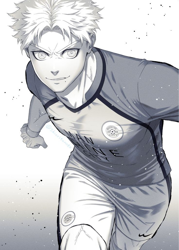 1boy, blonde_hair, blue_lock, blue_shirt, chris_prince, closed_mouth, greyscale, looking_at_viewer, monochrome, shirt, shorts, smile, soccer_uniform, solo, sportswear, white_shorts