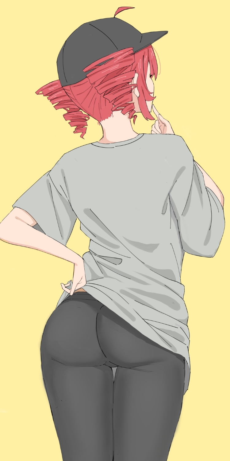 1girl, ahoge, ass, ass_focus, back, baseball_cap, black_hat, black_pants, drill_hair, finger_to_own_chin, from_behind, grey_shirt, hand_on_own_hip, hat, high_re, highres, kasane_teto, leggings, override_(synthesizer_v), pants, red_hair, shirt, simple_background, solo, synthesizer_v, t-shirt, twin_drills, utau, white_shirt, yellow_background