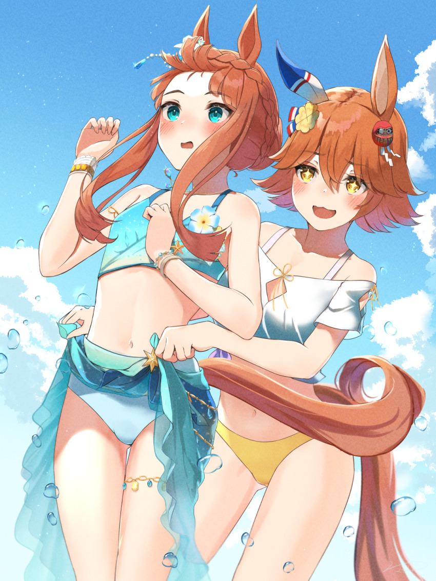 +_+, 2girls, alternate_hairstyle, animal_ears, blue_eyes, breasts, cloud, collarbone