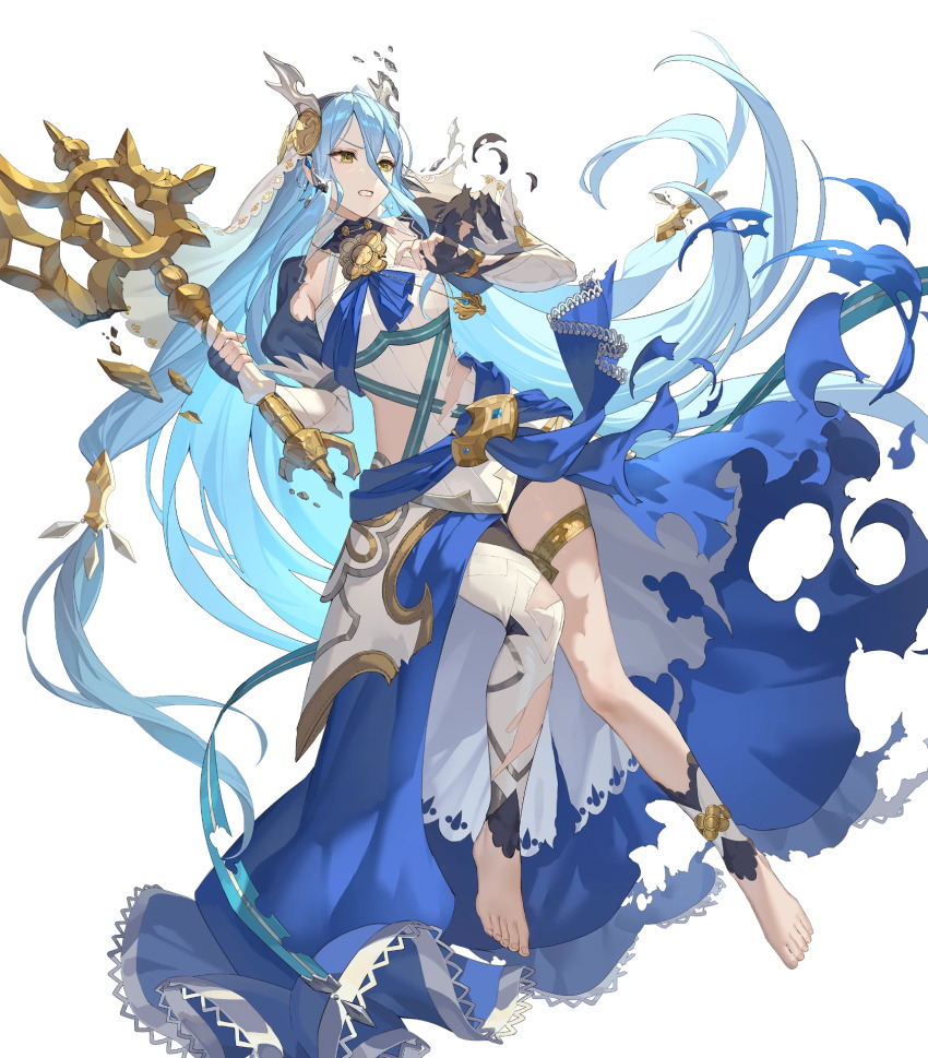 1girl, axe, azura_(fire_emblem), azura_(song's_reflection)_(fire_emblem), barefoot, black_gloves, blue_cape, blue_hair, blue_sash, cape, clenched_teeth, cosplay, damaged, dragon_horns, fake_horns, female_corrin_(fire_emblem), female_corrin_(fire_emblem)_(cosplay), fingerless_gloves, fire_emblem, fire_emblem_fates, fire_emblem_heroes, gloves, headdress, highres, holding, holding_axe, horns, jewelry, lace-trimmed_cape, long_hair, nintendo, non-web_source, official_alternate_costume, official_art, sash, single_leg_pantyhose, solo, teeth, thighlet, torn_cape, torn_clothes, very_long_hair, waist_cape, yellow_eyes