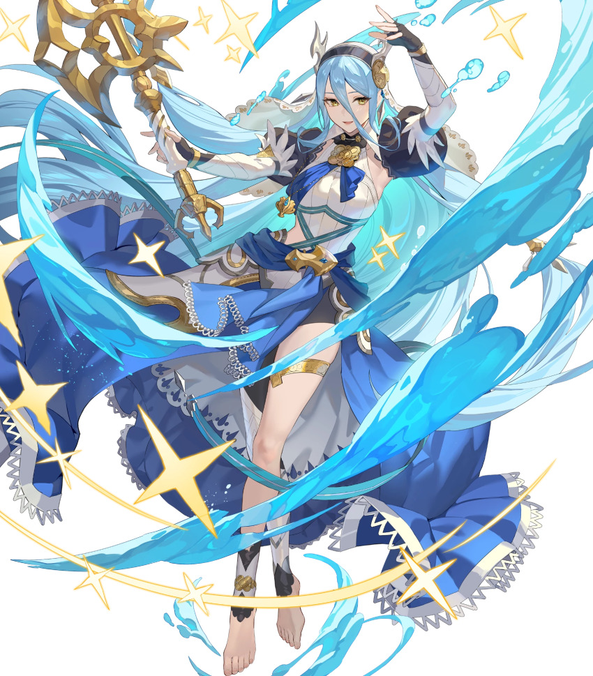 1girl, axe, azura_(fire_emblem), azura_(song's_reflection)_(fire_emblem), barefoot, black_gloves, blue_cape, blue_hair