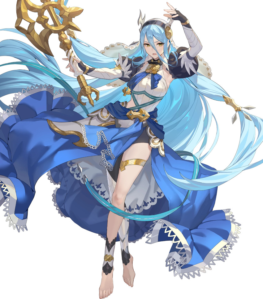 1girl, attack, axe, azura_(fire_emblem), azura_(song's_reflection)_(fire_emblem), barefoot, black_gloves, blue_cape