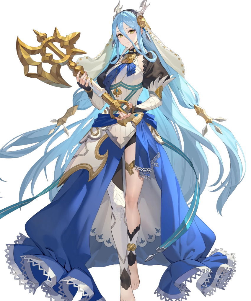 1girl, axe, azura_(fire_emblem), azura_(song's_reflection)_(fire_emblem), barefoot, black_gloves, blue_cape, blue_hair, blue_sash, cape, cosplay, dragon_horns, fake_horns, female_corrin_(fire_emblem), female_corrin_(fire_emblem)_(cosplay), fingerless_gloves, fire_emblem, fire_emblem_fates, fire_emblem_heroes, gloves, headdress, highres, holding, holding_axe, horns, jewelry, lace-trimmed_cape, long_hair, looking_at_viewer, nintendo, non-web_source, official_alternate_costume, official_art, sash, single_leg_pantyhose, smile, solo, tachi-e, thighlet, very_long_hair, waist_cape, yellow_eyes