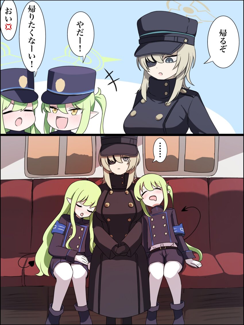 ..., 2koma, 3girls, black_coat, blonde_hair, blue_archive, brown_halo, buttons, coat, comic, commentary, demon_tail, double-breasted, drooling, evening, expressionless, eyepatch, green_hair, green_halo, halo, hands_on_lap, hat, highres, hikari_(blue_archive), leaning_on_person, leaning_to_the_side, long_hair, mouth_drool, multiple_girls, nozomi_(blue_archive), orange_sky, pantyhose, pointy_ears, sanuki_ach, shorts, siblings, sisters, sitting, sky, sleeping, speech_bubble, spoken_ellipsis, suou_(blue_archive), tail, train_interior, translation_request, twins, white_pantyhose