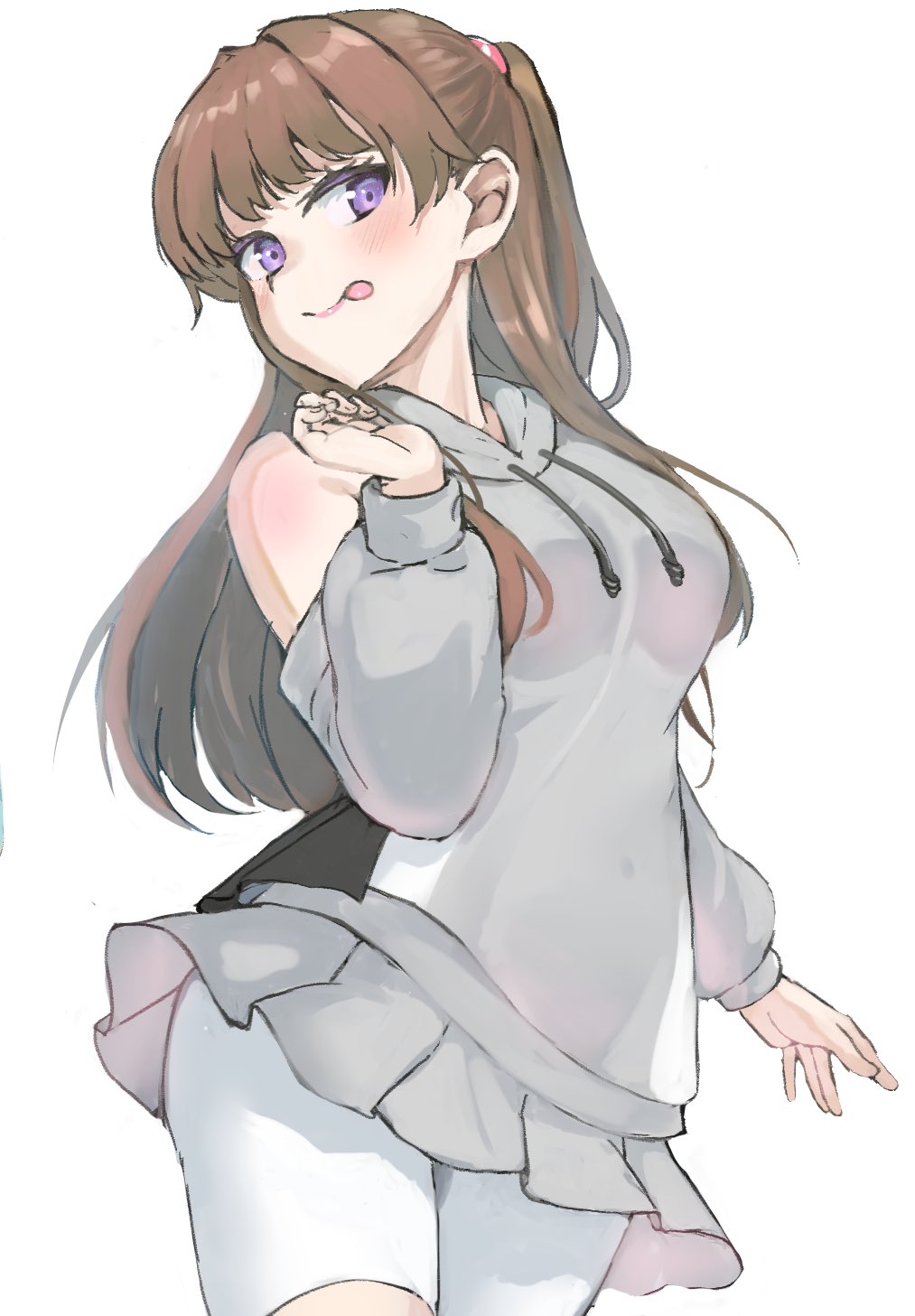 1girl, :p, asueli_ex, brown_hair, clothing_cutout, commentary_request, cowboy_shot, drawstring