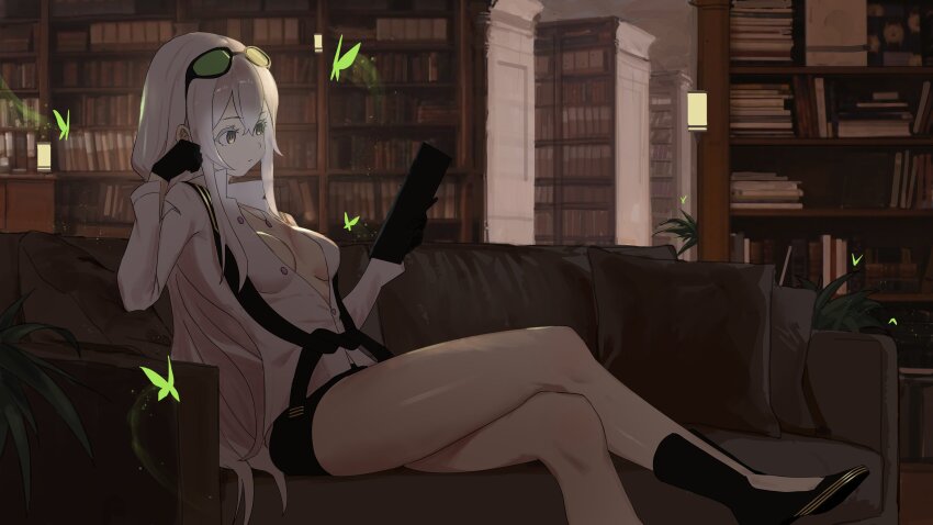 1girl, absurdres, black_gloves, black_scarf, bookshelf, breasts, bug, butterfly, cleavage, closed_mouth, colored_eyelashes, commission, cosplay, crossed_legs, digimon, digimon_story:_cyber_sleuth, echidna_(re:zero), eyewear_on_head, gloves, glowing_butterfly, green_butterfly, grey_eyes, hair_between_eyes, head_on_hand, high_heels, highres, holding, holding_tablet_pc, insect, jewelry, kuremi_kyouko, kuremi_kyouko_(cosplay), long_hair, long_sleeves, medium_breasts, necklace, no_bra, office, partially_unbuttoned, re:zero_kara_hajimeru_isekai_seikatsu, ro_ka_ro_ka, sakamoto_maaya, scarf, shirt, short_shorts, shorts, solo, sunglasses, tablet_pc, voice_actor_connection, white_eyelashes, white_hair, white_shirt