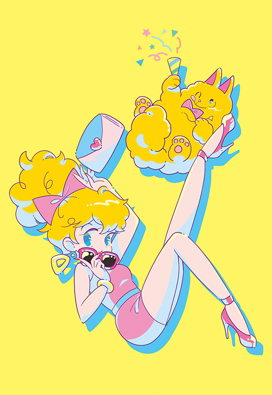 1girl, animal, blonde_hair, blue_eyes, bow, bowtie, bracelet, breasts, dog, dress, earrings, envelope, f_kaori, floating, galaxxxy, hair_bow, heart, high_heels, holding, jewelry, letter, long_hair, looking_at_viewer, love_letter, one_eye_closed, original, party_popper, pink_bow, pink_bowtie, pink_dress, pink_shoes, ponytail, red_nails, shoes, sleeveless, sleeveless_dress, small_breasts, smile, sunglasses, sunglasses_removed, tongue, tongue_out, yellow_background