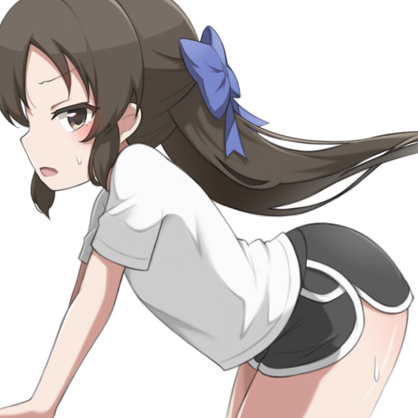 1girl, black_hair, black_shorts, blush, bow, dolphin_shorts, from_side, hair_bow