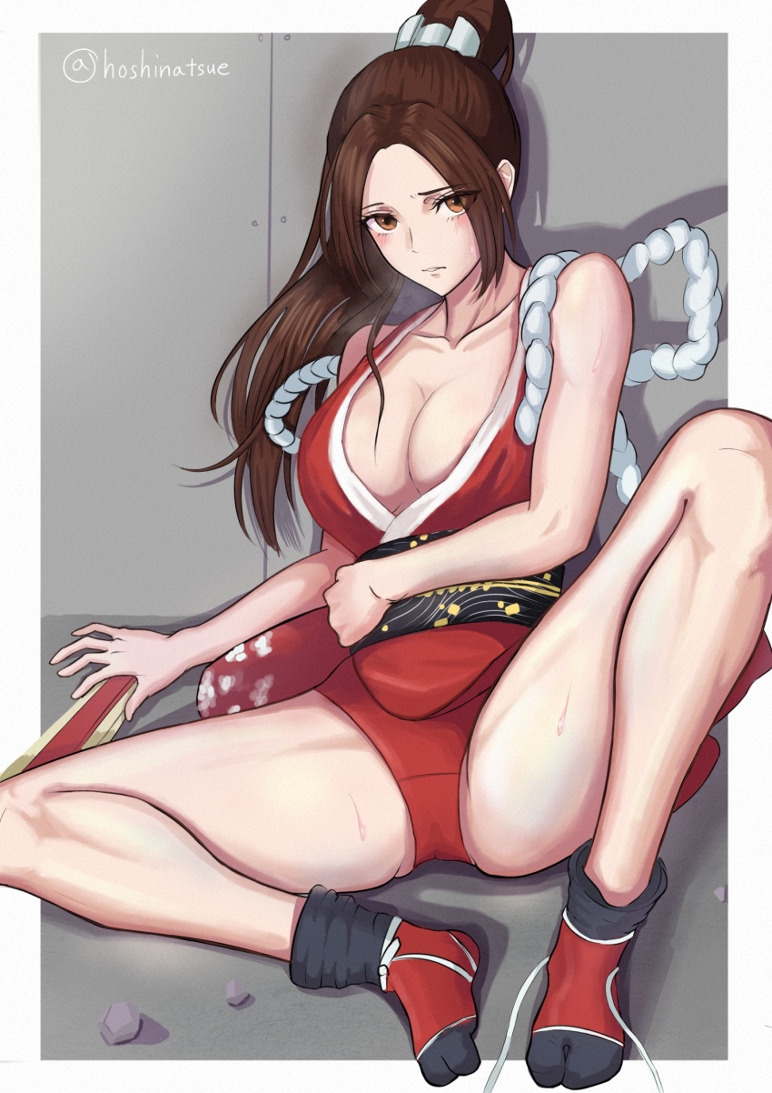 1girl, bare_shoulders, black_socks, blush, breasts, brown_eyes, brown_hair, cleavage