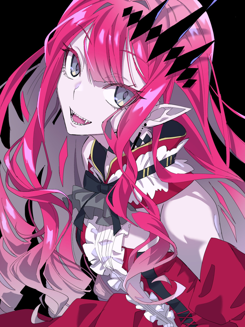 1girl, :d, absurdres, baobhan_sith_(fate), baobhan_sith_(first_ascension)_(fate), bare_shoulders, black_background, breasts