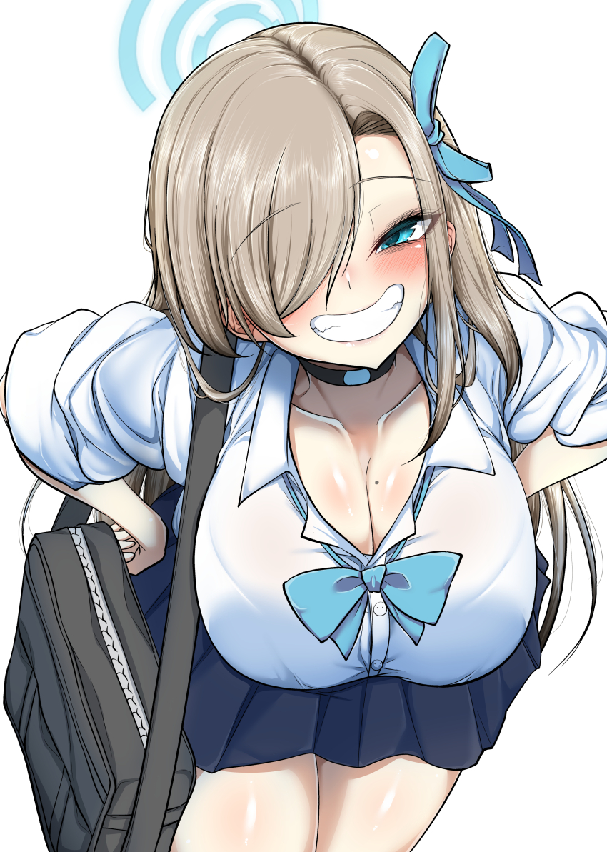 1girl, absurdres, asuna_(blue_archive), bag, blue_archive, blue_eyes, blush, bow, breasts, brown_bag, cleavage, cowboy_shot, grin, hair_over_one_eye, halo, hands_on_own_hips, hanging_breasts, highres, large_breasts, leaning_forward, light_brown_hair, long_hair, looking_at_viewer, messenger_bag, mine_thrower_(ore_no_bakudan), mole, mole_on_breast, school_bag, shoulder_bag, smile, solo, standing