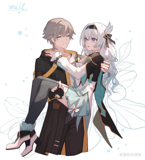 1boy, 1girl, black_coat, black_hairband, black_jacket, bow, bowtie, caelus_(honkai:_star_rail)