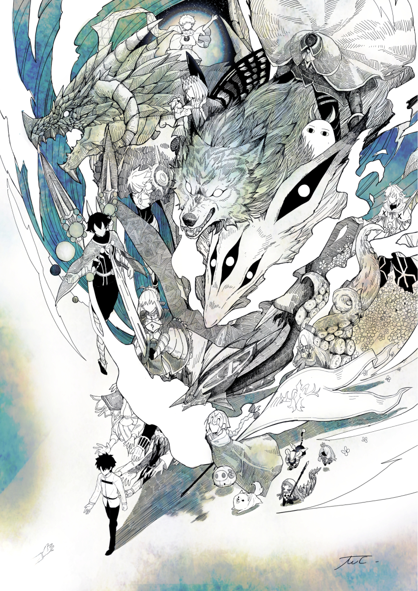 <o>_<o>, abigail_williams_(fate), abigail_williams_(first_ascension)_(fate), ahoge, animal, animal_ears, apollo_(fate), arjuna_(fate)